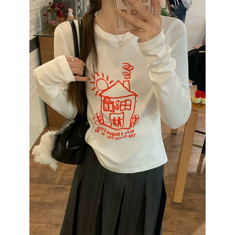 【年货捡漏】乌77趣味手绘印花圆领T恤女休闲百搭显瘦长袖打底上衣