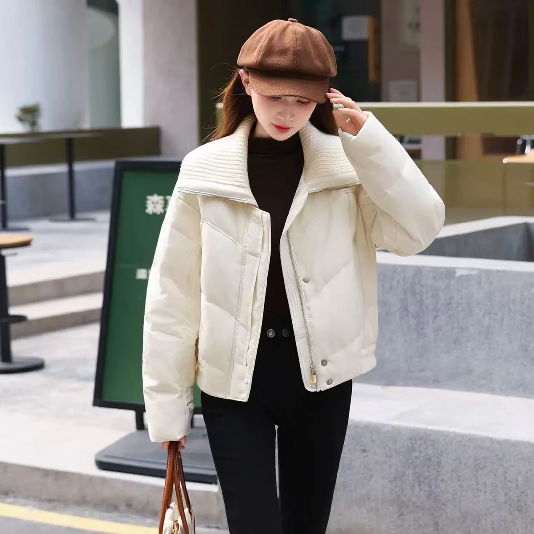冬季新款韩版休闲翻领拉链款加厚百搭白鸭绒外套女