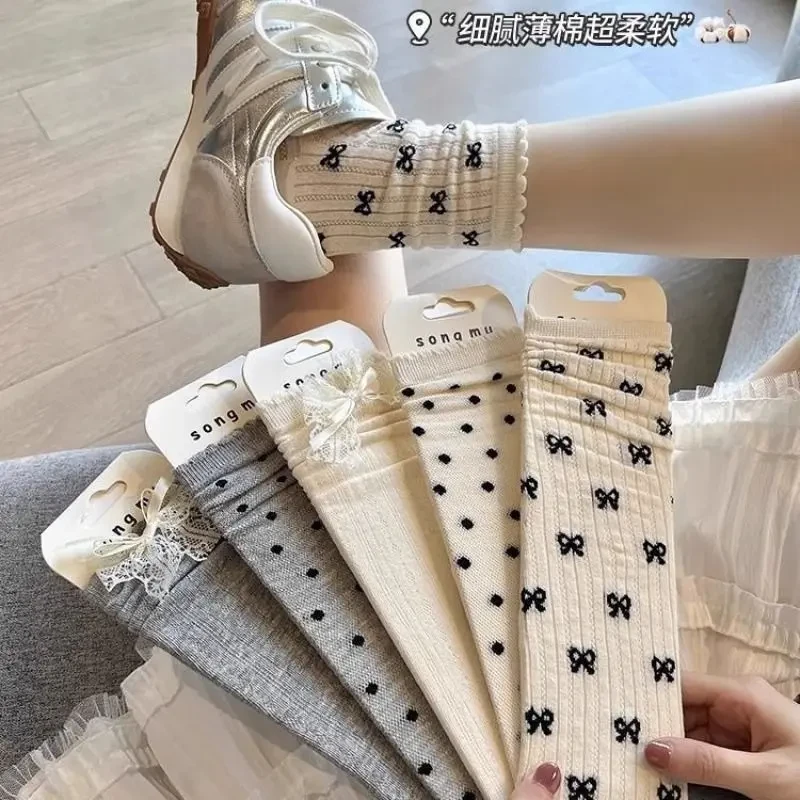 夏季薄款灰色袜子蝴蝶结中筒波点花边镂空透气网眼韩版长堆堆学院