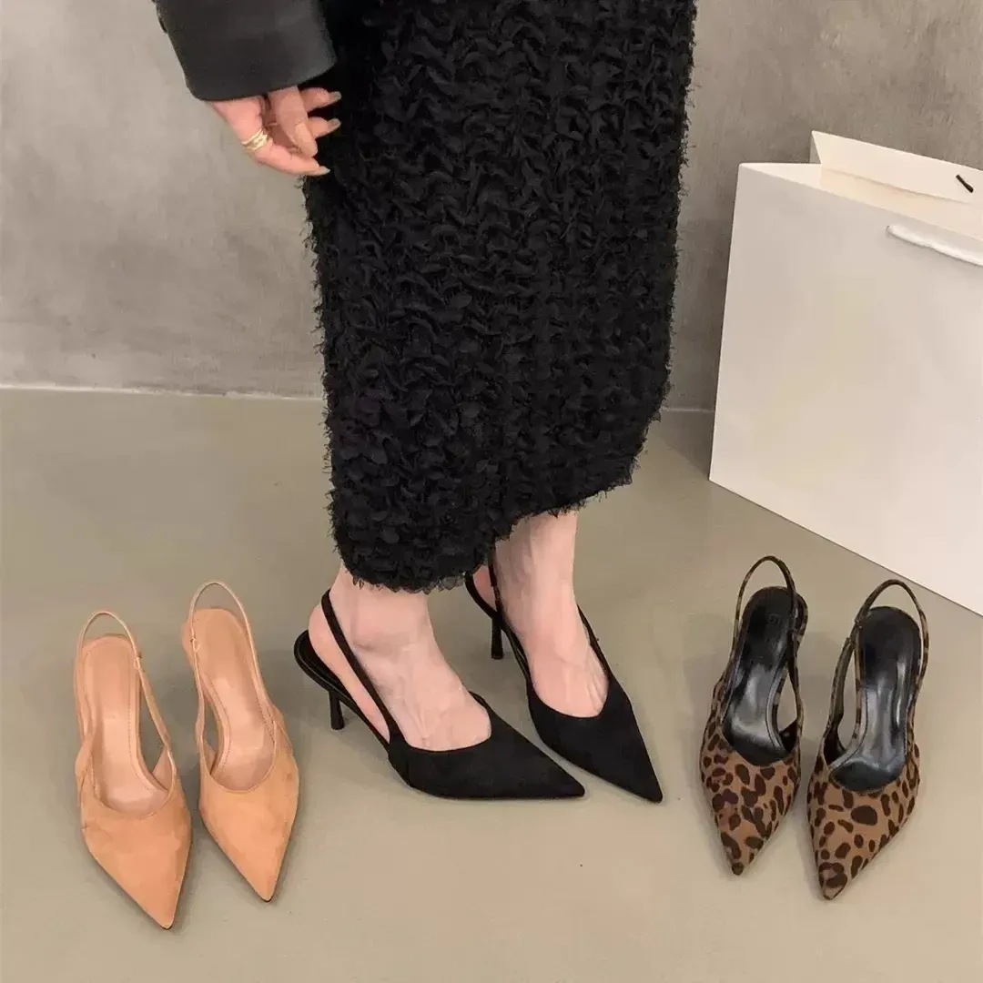 小众法式豹纹高跟鞋2025春季新款包头凉鞋女时尚外穿气质尖头单鞋