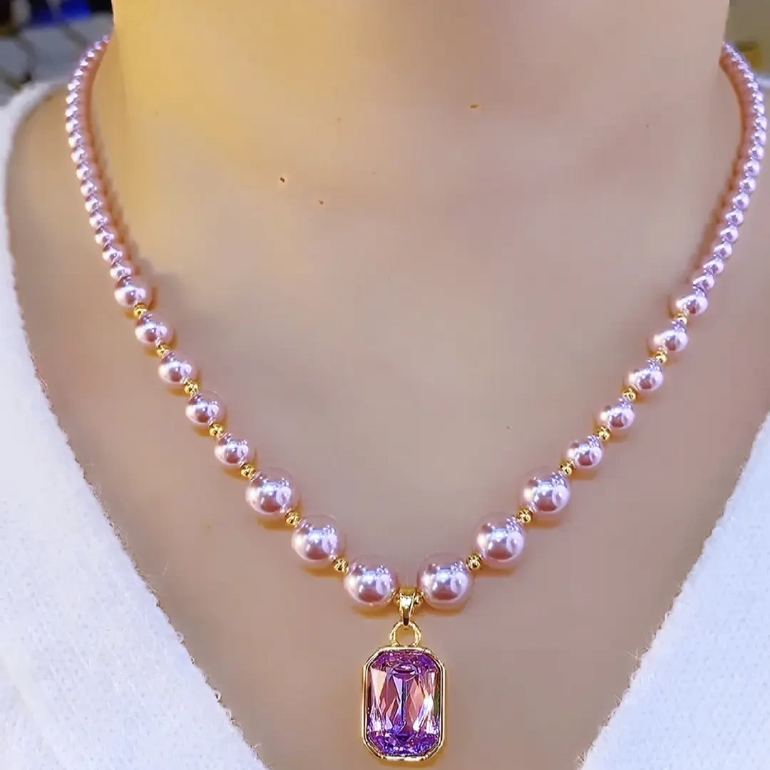 铜合金仿珍珠项链 时尚气质洋气百搭方糖百搭紫色项链个护工具
