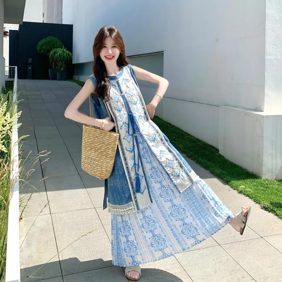 国风刺绣马甲印花半身裙套装女2025夏季新款小众不撞款穿搭一整套