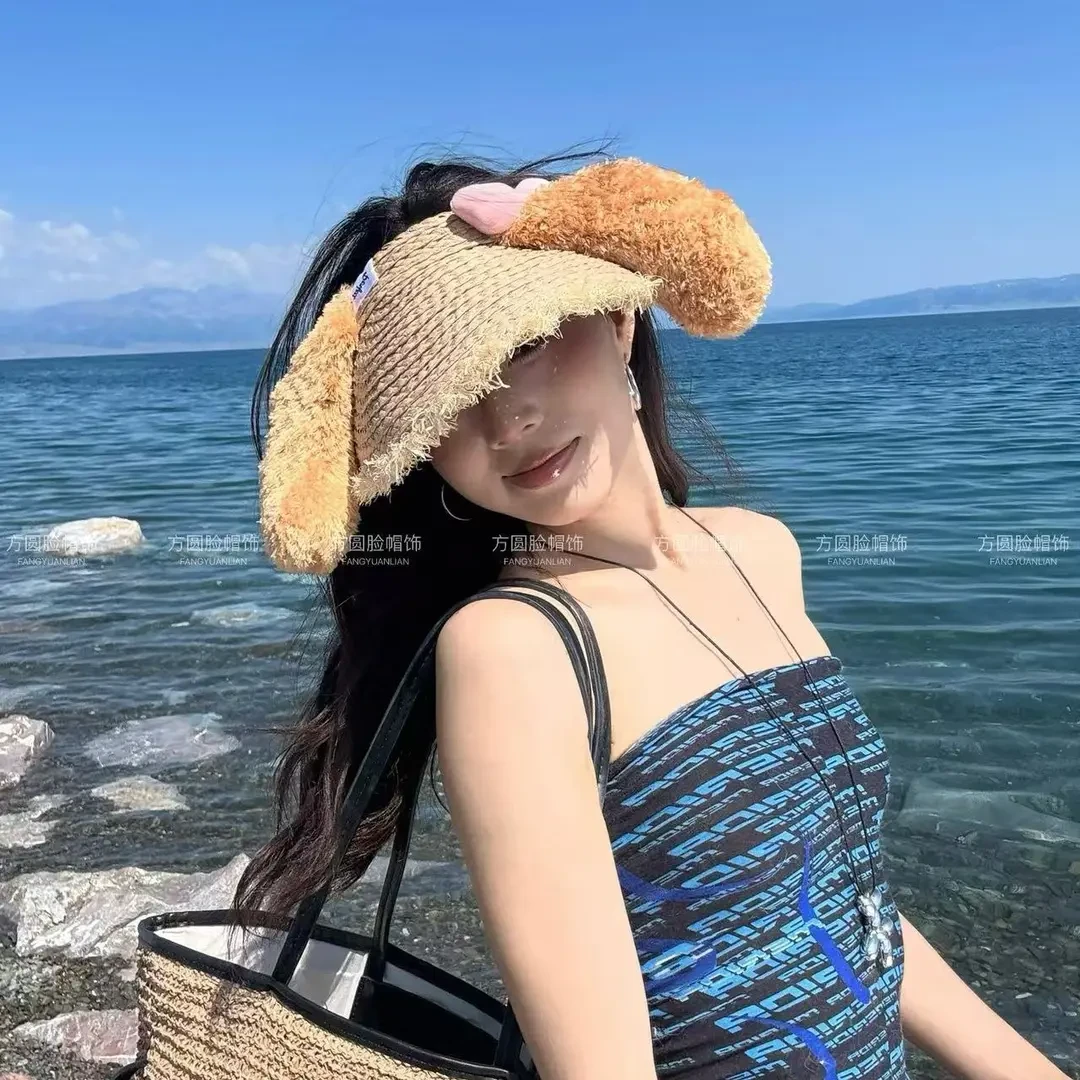 饼饼空顶草帽遮阳防晒帽子编制草帽夏日卡通可爱旅行厨师饼饼帽