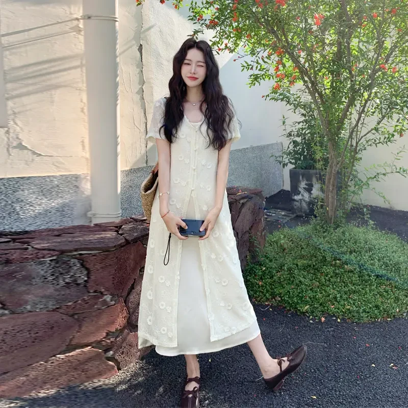 法式优雅名媛风套装裙女2025夏季新款温柔系浪漫风蕾丝开衫吊带裙