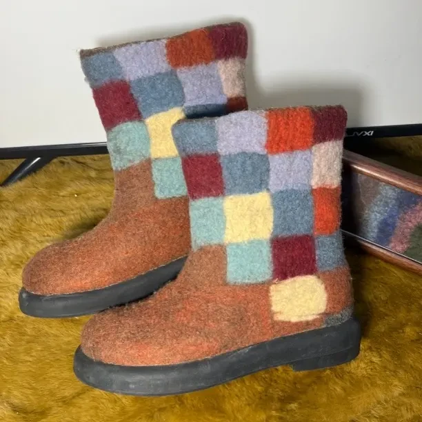 格子拼色防滑时尚羊毛靴中筒靴保暖格子