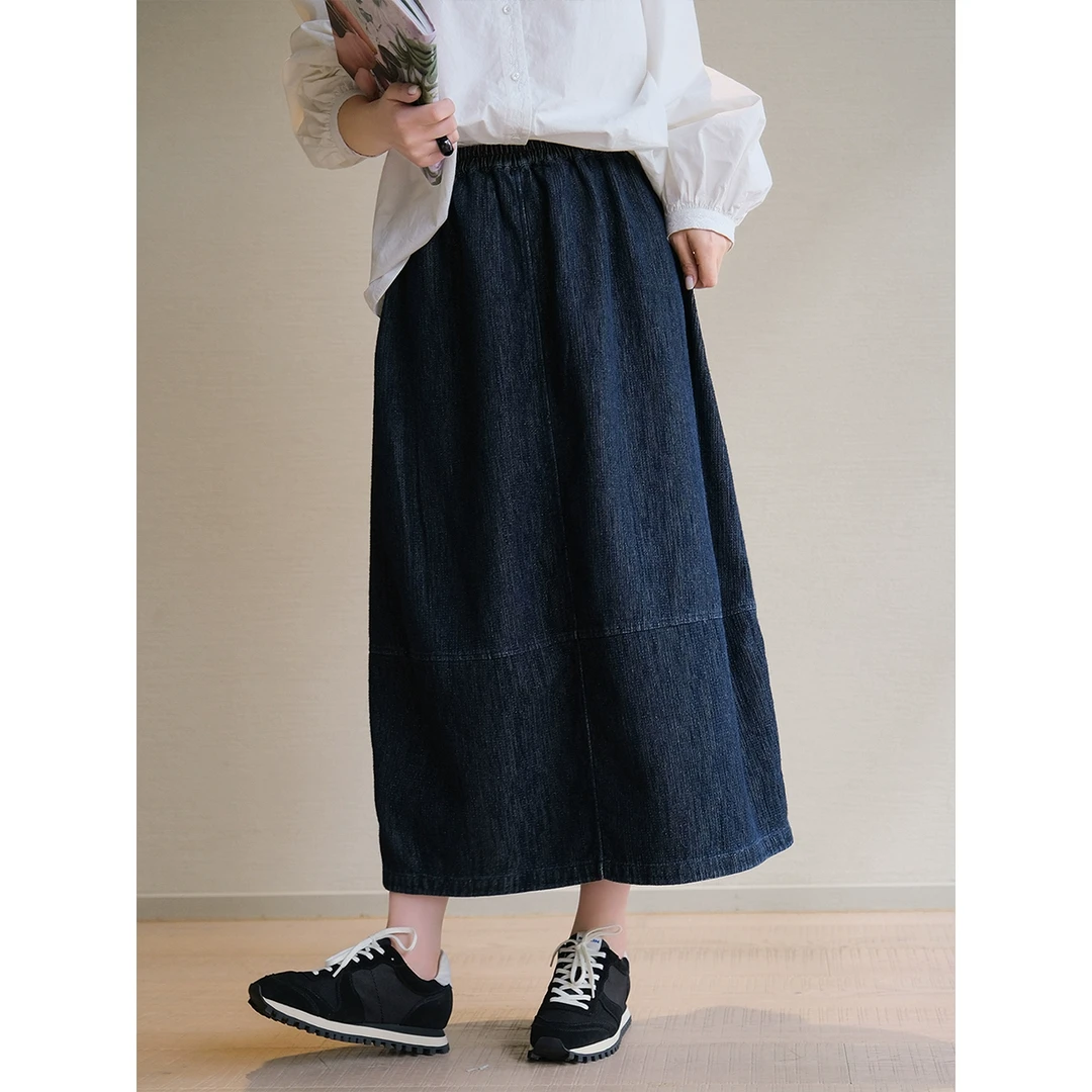 麻霖早春新品靛蓝染色棉混纺牛仔砂洗松紧腰前后两穿复古牛仔半裙