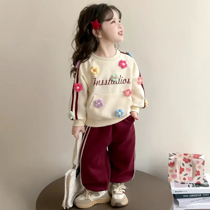 女童花朵卫衣套装洋气2025春秋装女宝宝长袖两件套小童休闲运动装