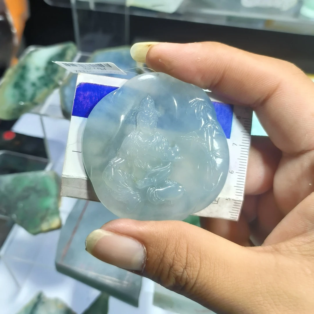 冰种浅绿晴水绿翡翠文殊菩萨吊坠守护神