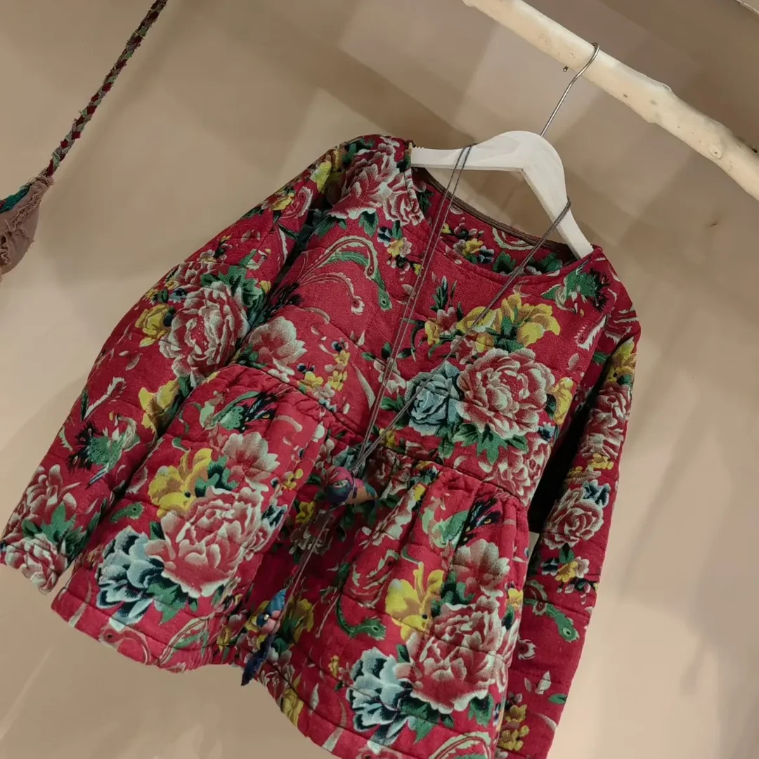 冬季复古棉麻印花短款棉衣外套衣长55胸围138（90斤到160可穿）