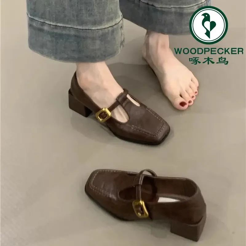 啄木鸟复古玛丽珍鞋女2025春季新款法式气质方头浅口粗跟通勤单鞋