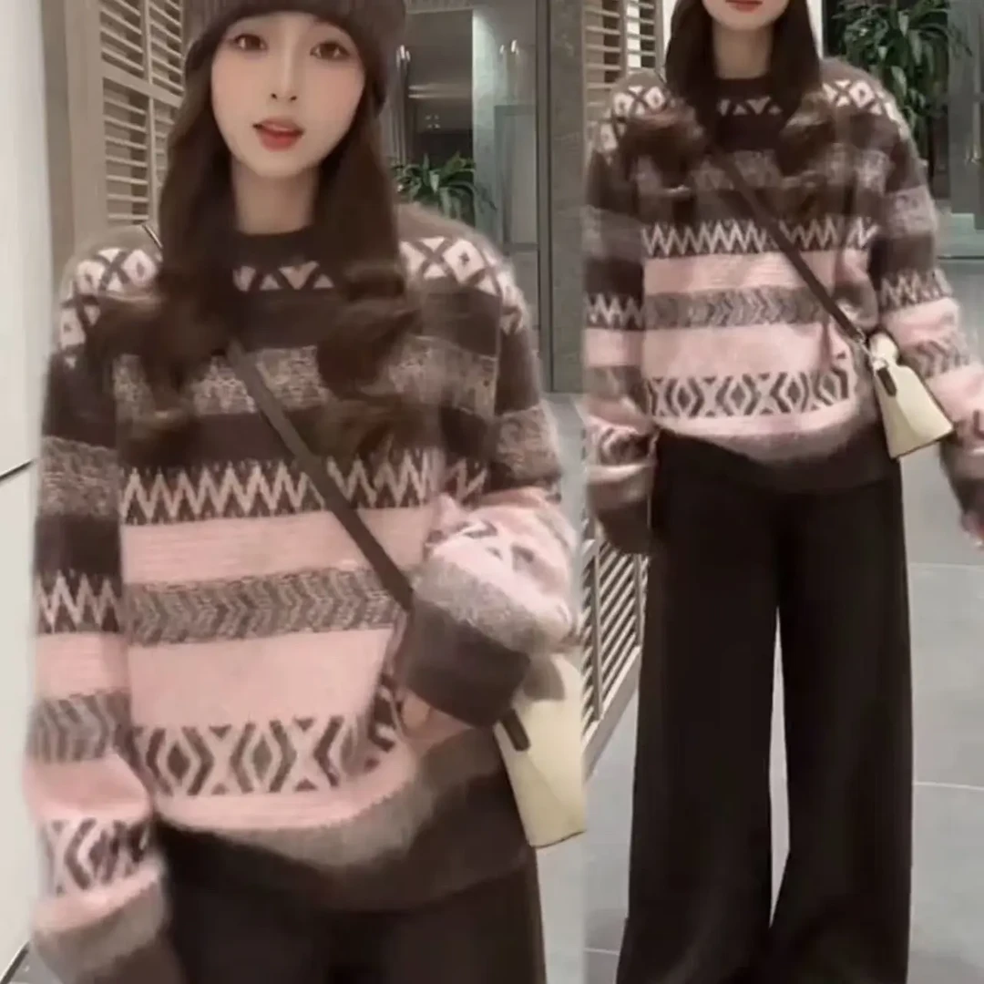 秋冬新款复古慵懒风圆领撞色针织套头毛衣女