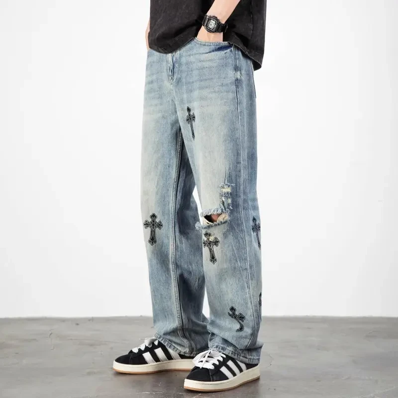 日本潮流印花破洞牛仔裤男2025夏季薄款直筒宽松设计感高街长裤子
