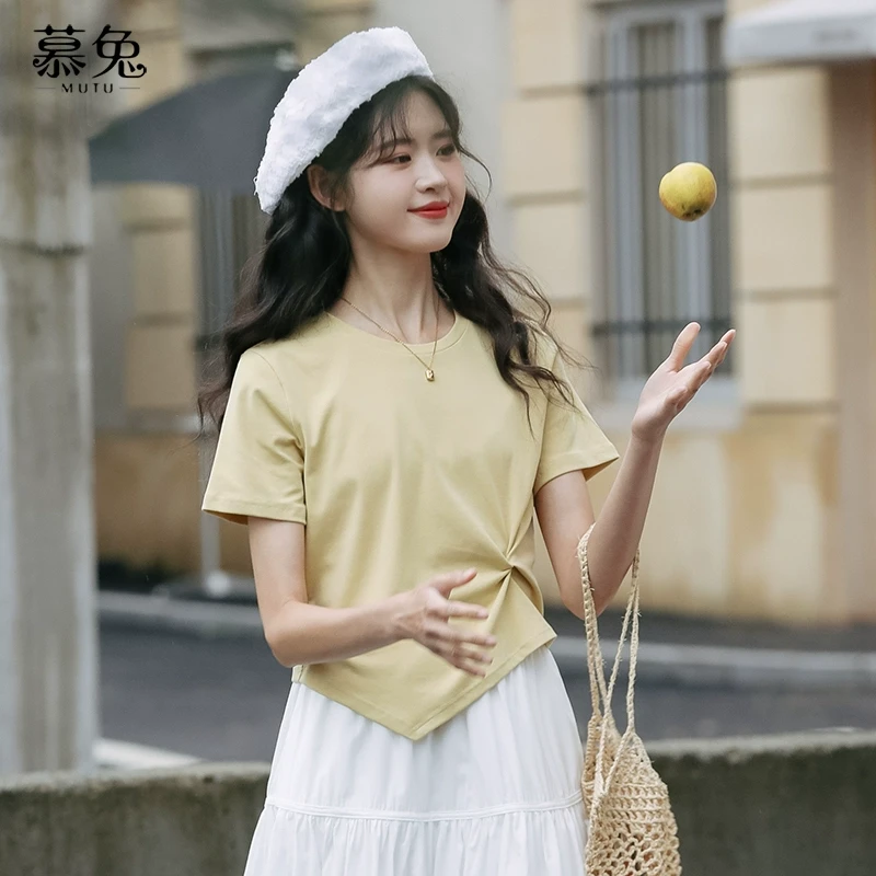 慕兔ins不规则纯棉短袖t恤女2024夏季新款设计感小众短款辣妹上衣