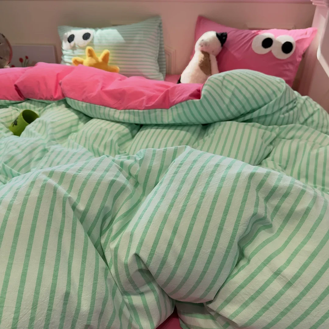 【朵罗塔】简约风多巴胺条纹床上全棉四件套纯棉软糯被套床单床笠款