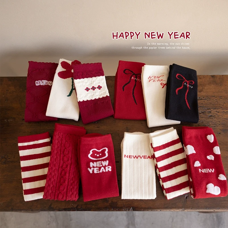 女童红色新年袜秋冬精梳棉儿童本命年中筒袜韩版洋气女宝宝长筒袜