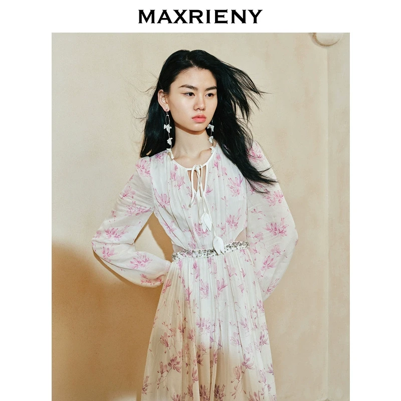 【林一专属】MAXRIENY复古优雅兰花渐变印花连衣裙2025新