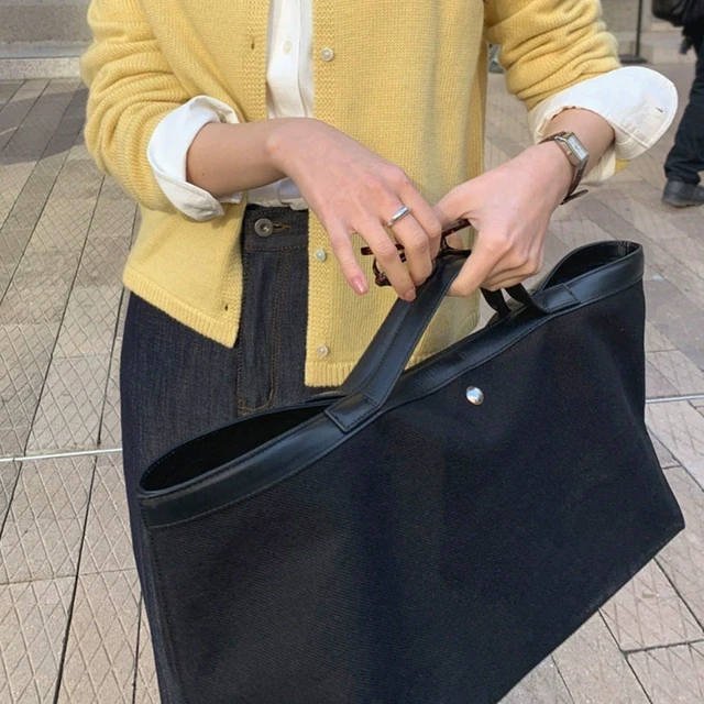 韩国小众春夏款帆布拼接头层牛皮大容量托特包手提大包通勤斜挎