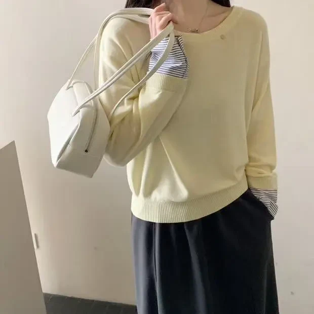 短款INS风拼接长袖夏季毛针织衫百搭秋冬纯色宽松时尚圆领上衣