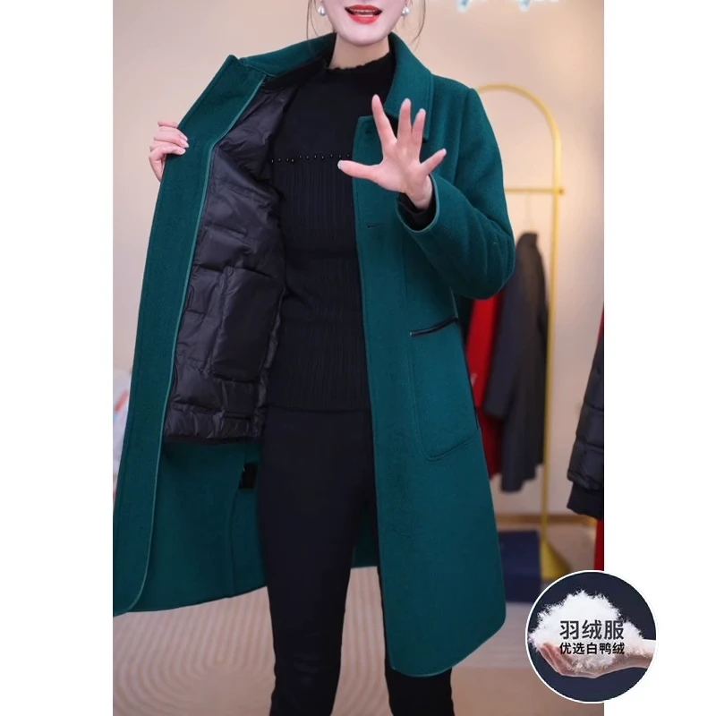 羽绒内胆中长款毛呢外套女加绒加厚妈妈时尚保暖秋冬羊毛呢子大衣
