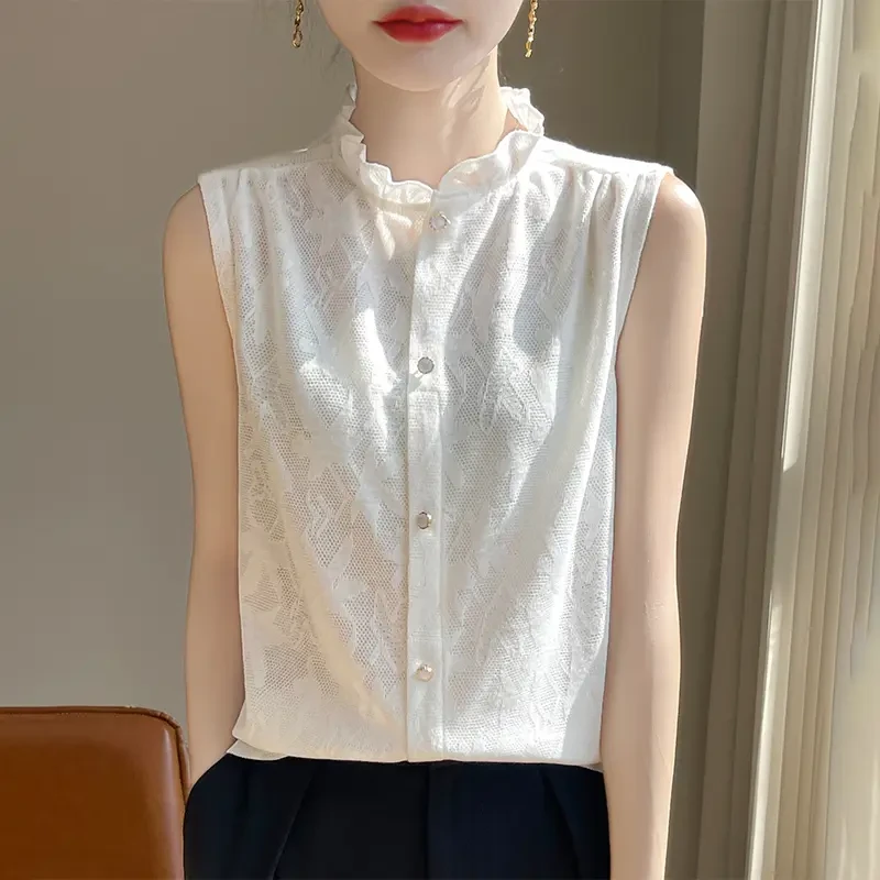 法式赫本风木耳花边无袖打底暗纹提花珍珠扣秋冬百搭内搭女花苞领