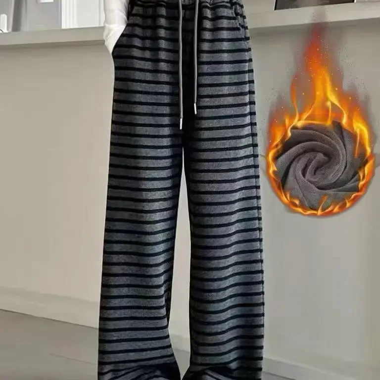 8382冬款加绒加厚条纹高腰慵懒风阔腿休闲长裤（M裤长103左右）