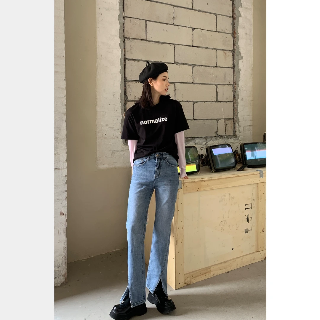 【孤品】 直筒开叉牛仔裤女新款高腰显瘦长裤百搭裤子91833