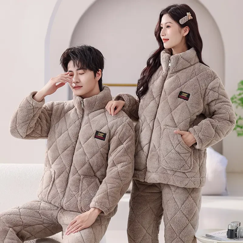 冬季新款男女情侣款睡衣加厚省服加绒保暖家居服冬款套装大码保暖