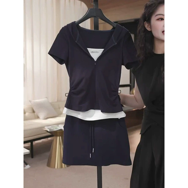 夏装搭配一整套韩版假两件短袖T恤半身短裙显瘦休闲时尚两件套装