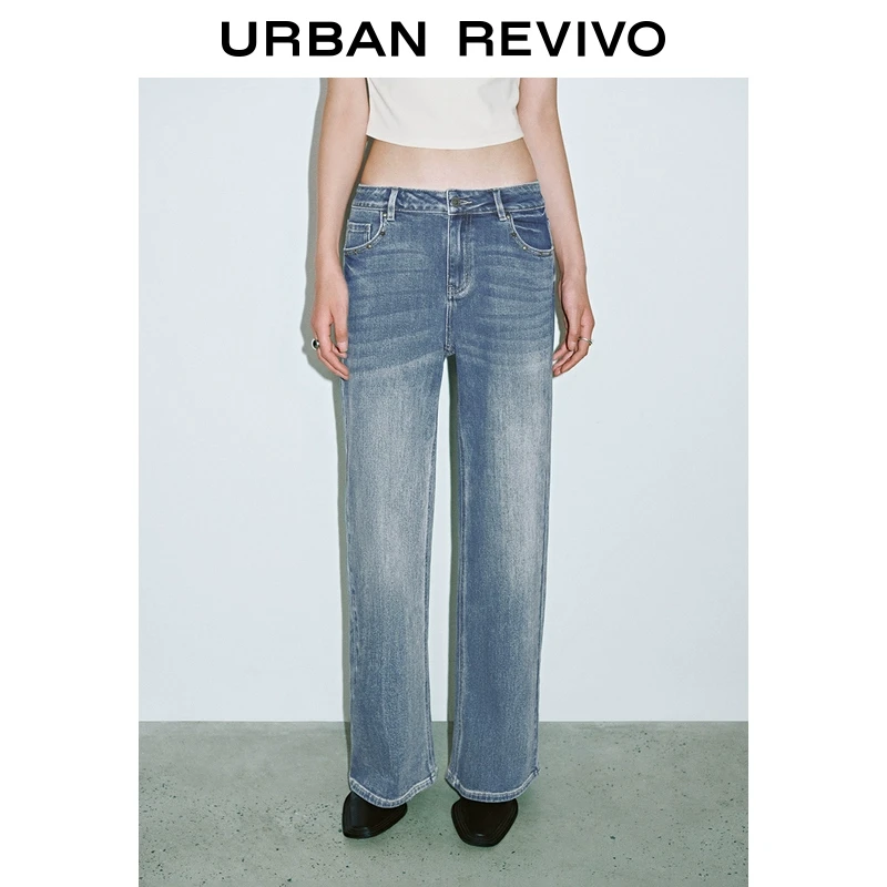UR2025秋季新款女装复古休闲猫须水洗磨白牛仔长裤UYY850024