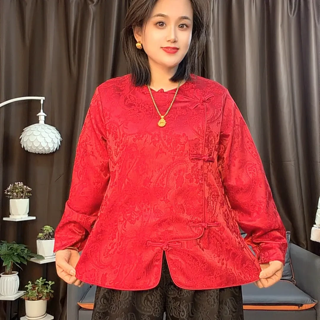 大码国风新中式重工刺绣盘扣提花厚款圆领上衣小衫1989