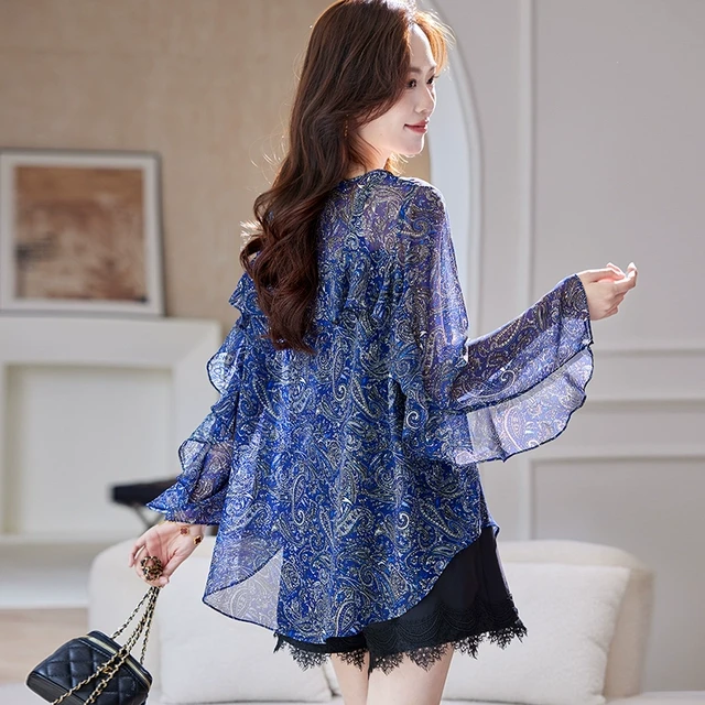 宝诗黎圆领印花镂空雪纺衫2025夏季时尚宽松气质百搭减龄洋气小衫