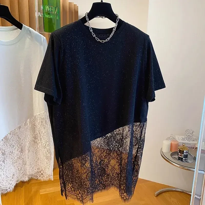 胖mm小众高级感网纱蕾丝拼接T恤女大码短袖夏中长款宽松外穿上衣