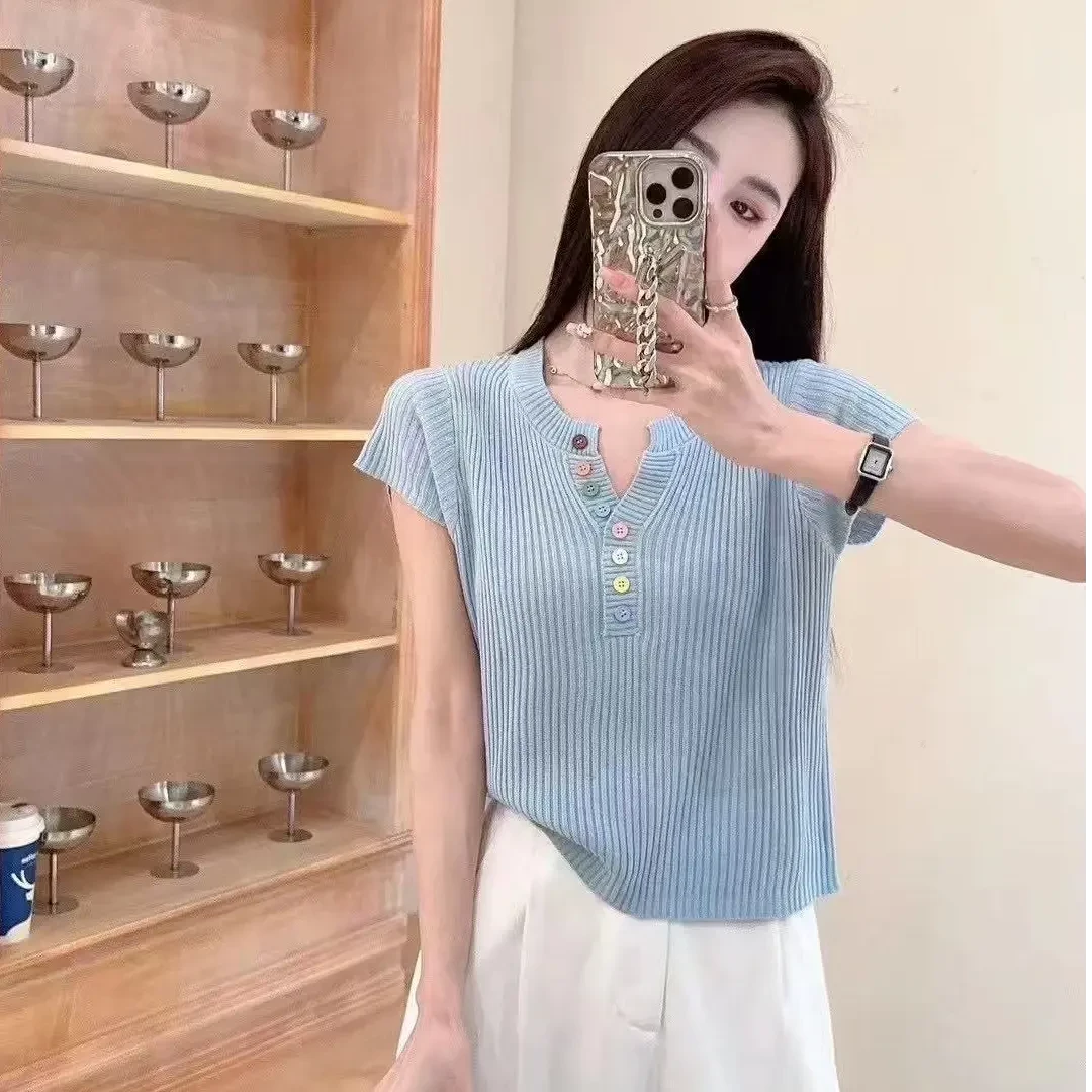 韩系洋气正肩针织短袖t恤女2025夏季新款半开领彩色扣针织衫上衣