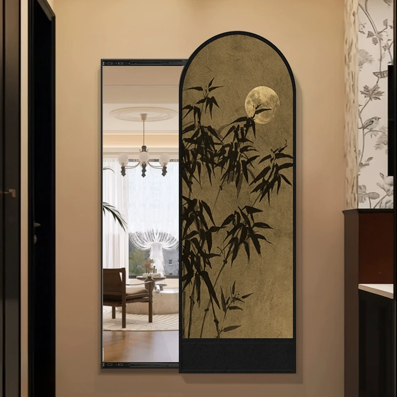 《竹烟波月》中古风全身镜隐形推拉入户玄关隐藏穿衣镜镜子装饰画