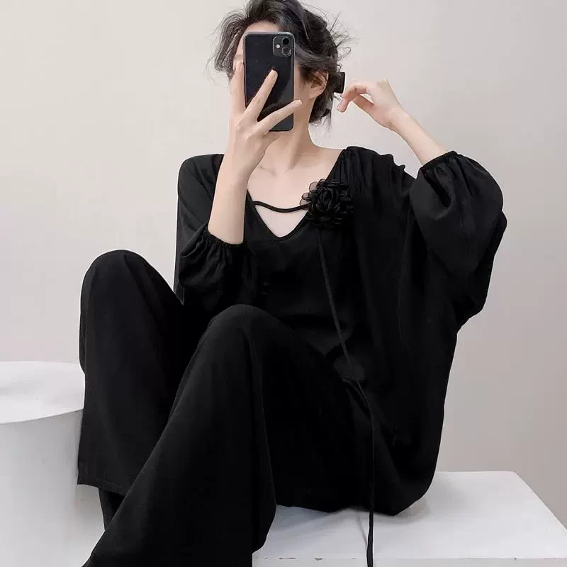 长袖睡衣女春秋季大码棉绸高级感宽松绵绸睡衣家居服可外穿国风夏