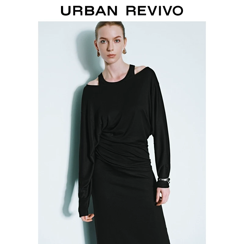 UR2025春季新款女欧若风法式气质不规则褶皱长袖连衣裙UWJ750005