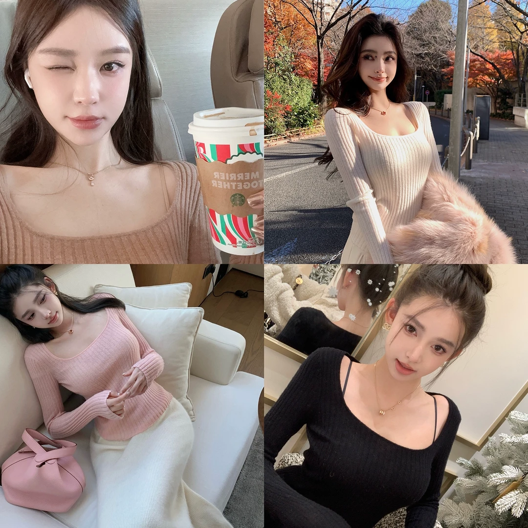 “Api私服大U领”定制高級婴驼绒绵羊毛温柔女人味显瘦坑条上衣