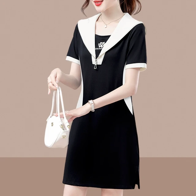 翻领短袖连衣裙女2025夏季新款大码减龄修身黑色中长裙子微胖显瘦