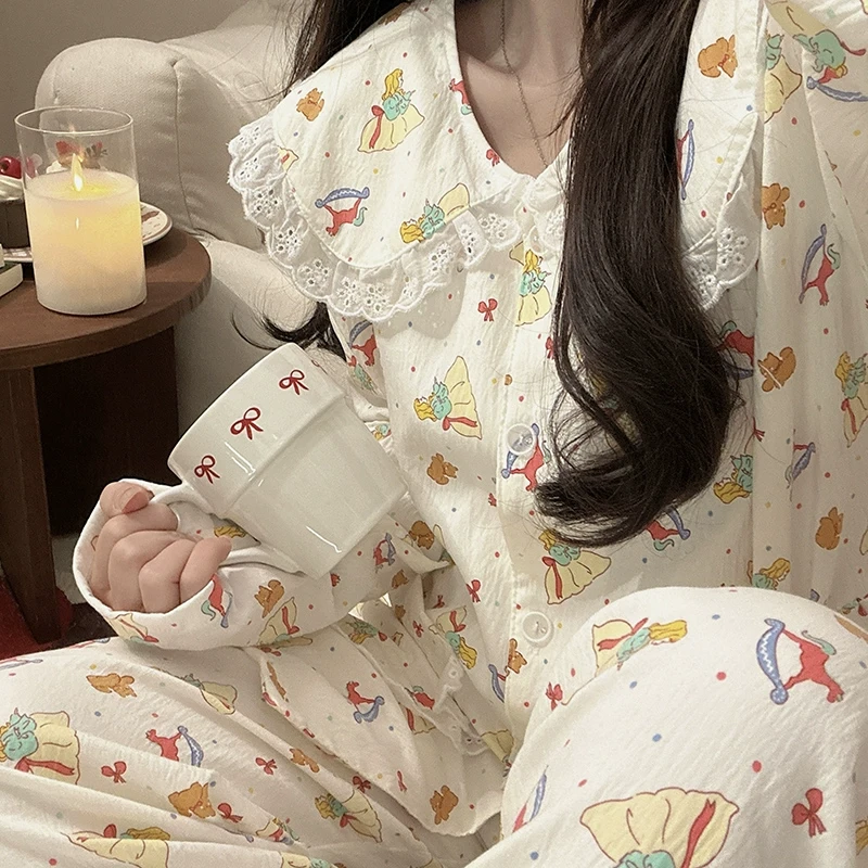 日系2024年新款木马公主长袖睡衣女春秋款可外穿云朵棉家居服秋季