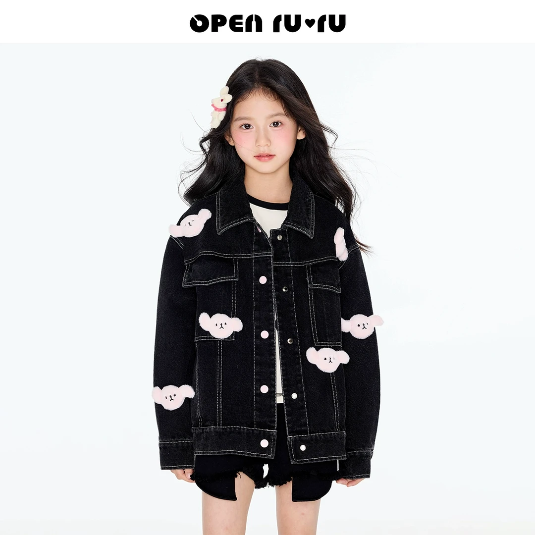 Opennunu女童黑色立体玩偶牛仔外套2025春季儿童复古撞色夹克上衣