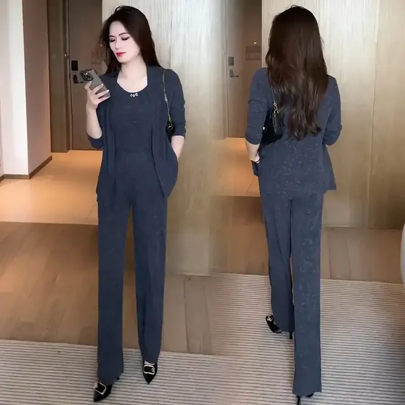 时尚休闲套装女秋季新款小个子开衫外套吊带阔腿裤洋气显瘦三件套