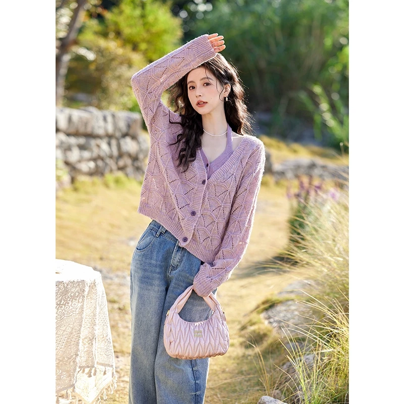 【专柜门店】谜秀法式菱格针织开衫V领镂空罩衫上衣MXE11Z1198