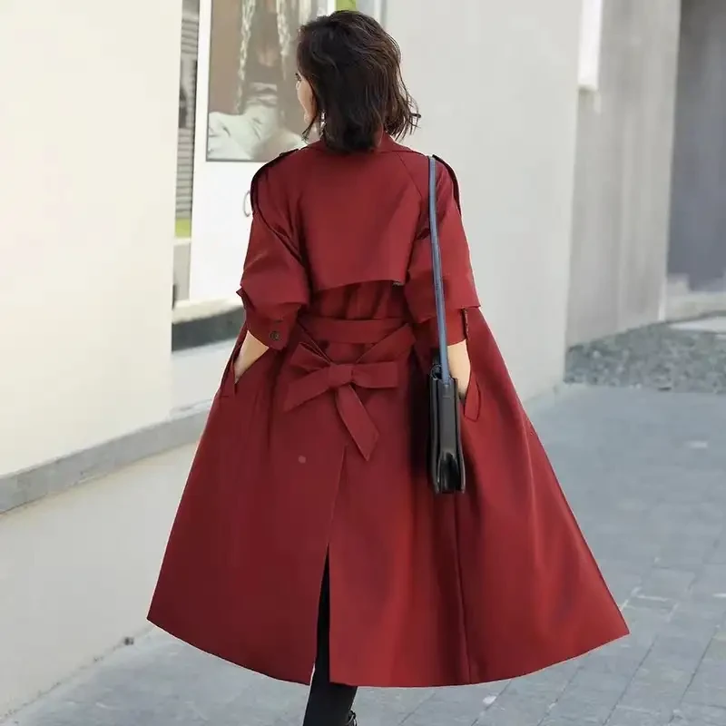 垂感红色风衣外套女2025春秋新款宽松气质英伦风显瘦长款过膝大衣