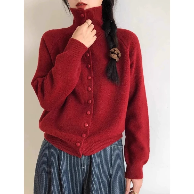 红色毛衣氛围感高领单排扣针织开衫上衣女冬季加厚内搭打底外套潮