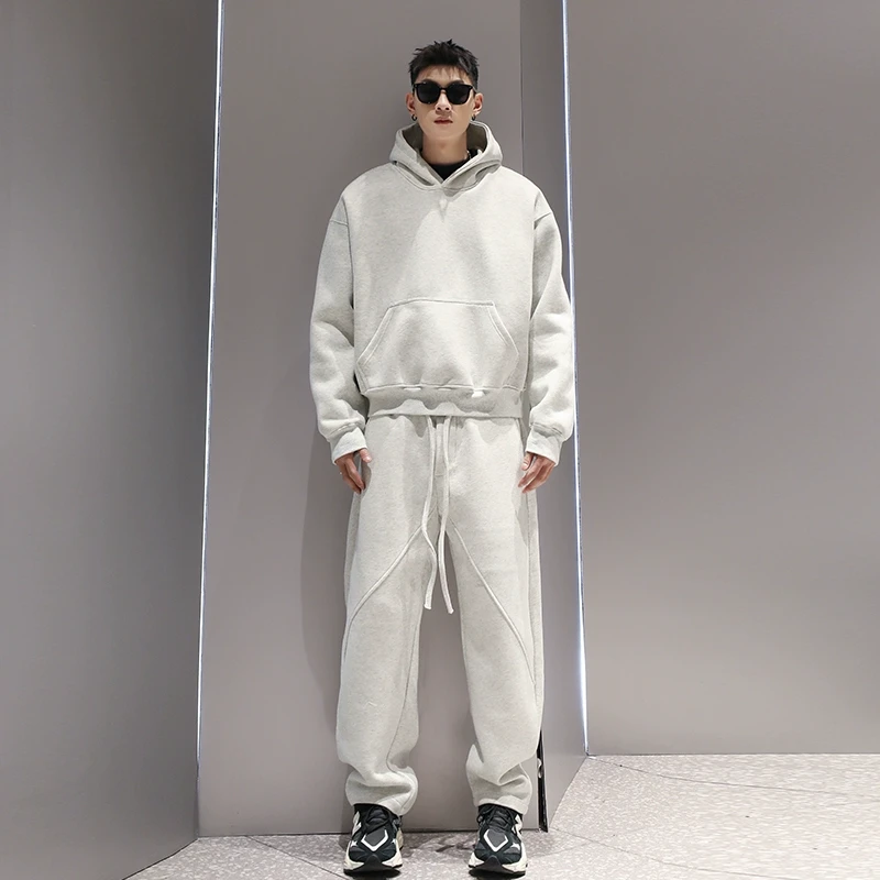 有术美式潮牌连帽纯色两件套春秋季新款小众运动休闲宽松卫衣套装