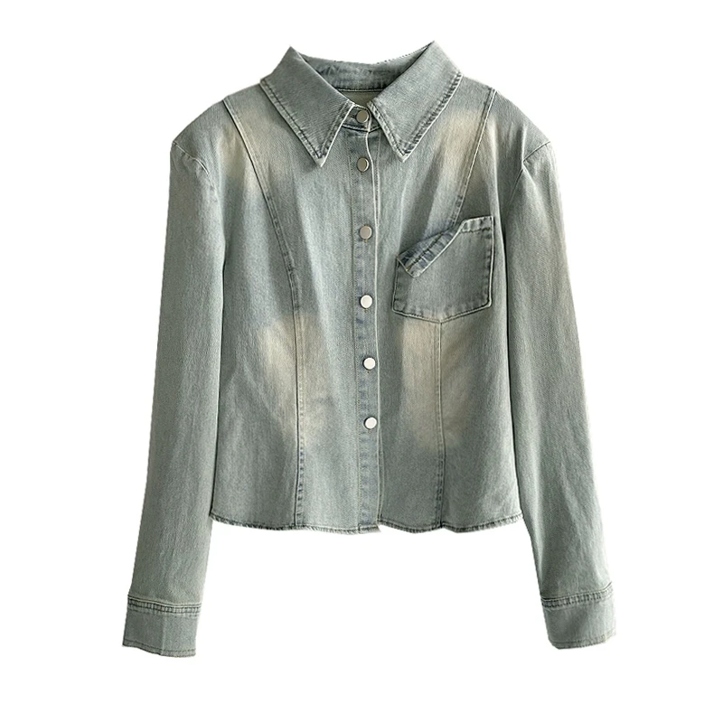 三寸藕【千禧一代】港风设计感修身显瘦正肩牛仔衬衫别致长袖3443