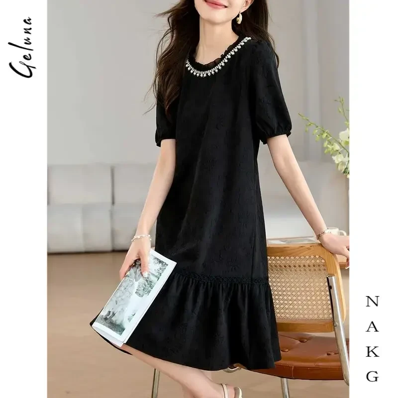 哥弟阿玛施官方正品高档连衣裙女新款花边领钉珠赫本风小黑裙女