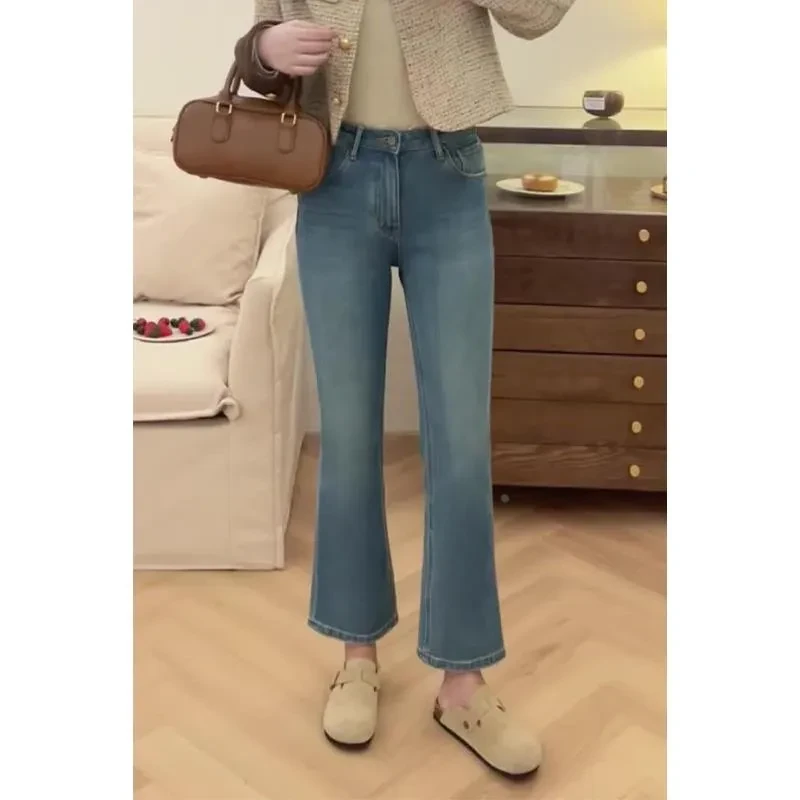 春季新款爆款微喇叭牛仔裤女大码梨形身材四面弹力高腰烟管直筒裤