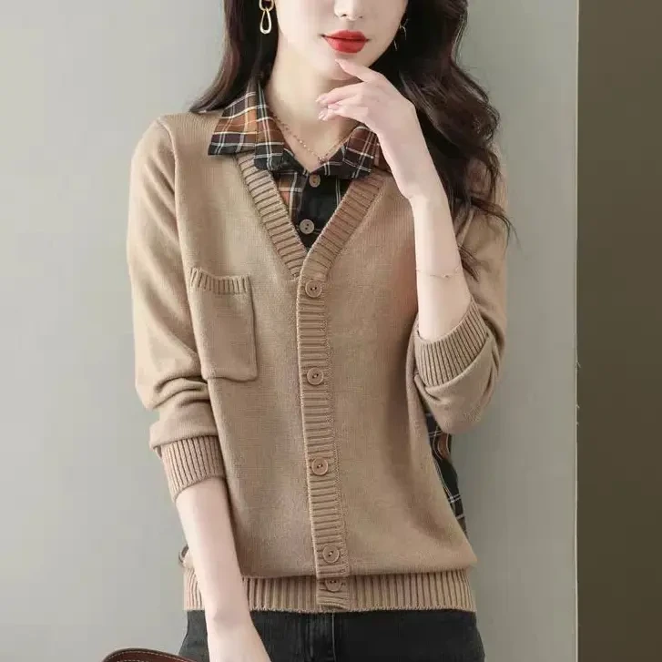 A058假两件毛衣女季针织上衣装年新款早秋女装洋气打底衫