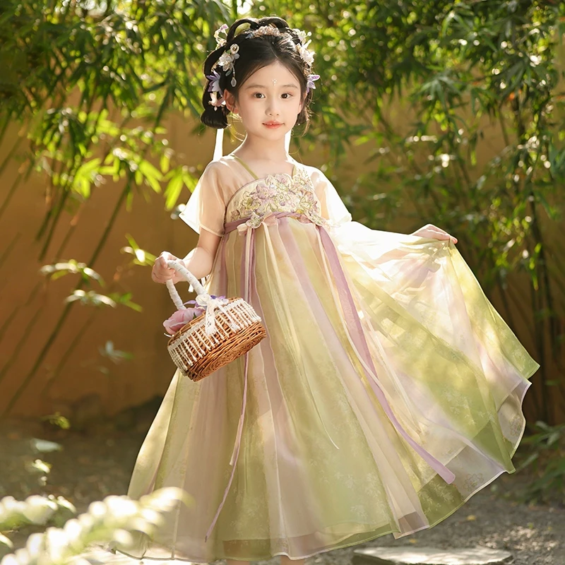 古月家.淮竹 汉服女童夏季儿童高端仙气飘逸古风连衣裙薄款襦裙